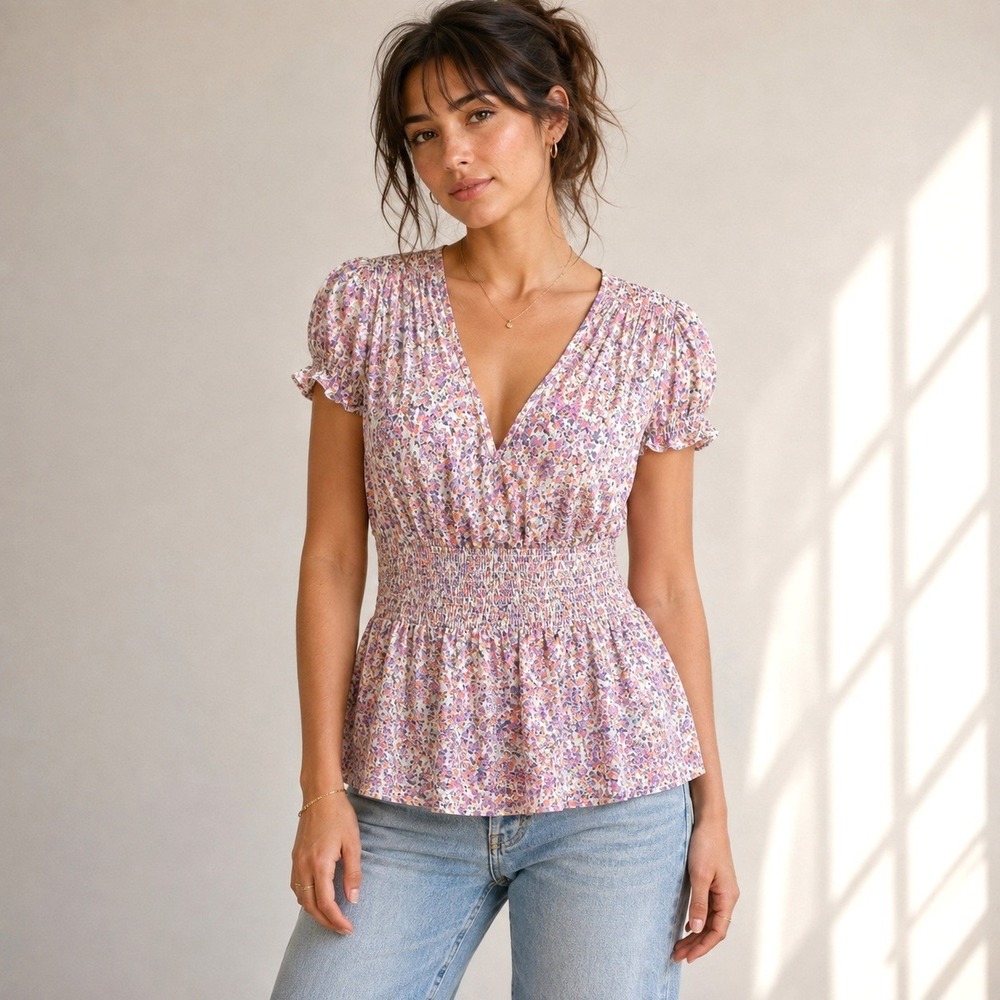 Banana Republic Y2K Floral Smocked Puff Sleeve Top S Cottage Garden Empire Waist